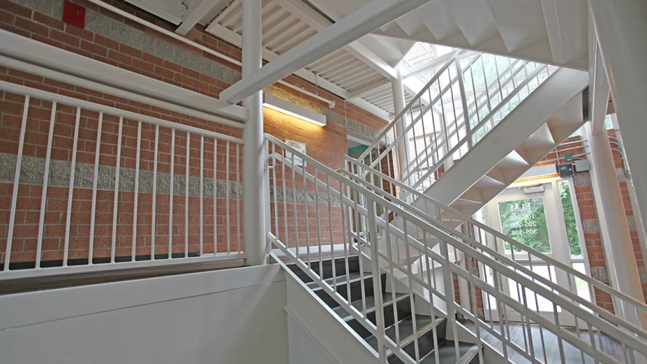 photo of the main staircase in Elm Hall