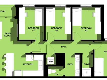 Elm, 4 Person-4 Bedroom Apartment (With Balcony) Floor Plan